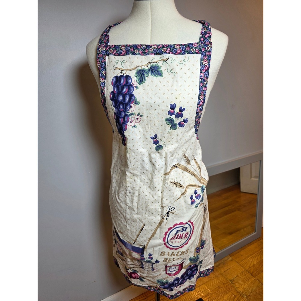 Vintage Cottagecore Bakers Best Fruit Floral Bib Apron Cream Purple Boho